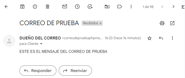 Prueba de envio de correo con PHPMAILER smtp gmail