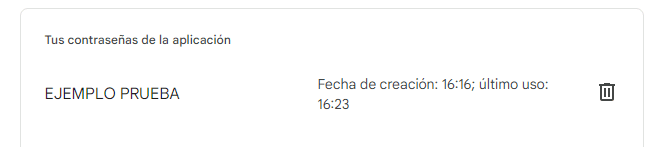 contraseña de aplicacion creada para usar smtp gmail